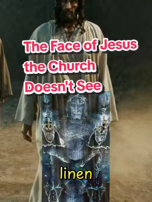 The cover image features a man in a white robe standing in front of a blurred background. Above the man is a text overlay in a pink and white font. The image of the Shroud of Turin is at the bottom center.