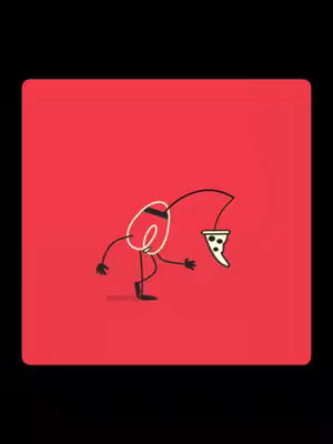 The image features a cartoon character with a light bean-shaped body and stick-figure limbs and feet, walking in the red background and fishing with a black hook attached to its head. A slice of pizza is hanging on the hook.