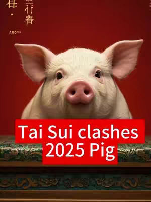 A close-up image features a pig's face centered against a red background. The pig is white with pink details on its nose and ears. Across the bottom, a red banner states 'Tai Sui clashes 2025 Pig' in white text. Above the pig is a set of Chinese wordings. The composition is simple, focusing on the pig and the informational text.
