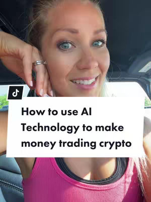 A woman with blonde hair and blue eyes is smiling. She is wearing a pink tank top. A white overlay with black text is covering her chest with the text "How to use AI Technology to make money trading crypto". The image is framed from the chest up, with the person in the center of the frame. The background includes a vehicle interior, with a hand wearing a ring near the face.