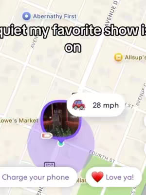 The cover image depicts a map interface, likely from a location-tracking app. A circular element in the center of the image shows a video preview. Several interactive elements, such as a speed indicator (28 mph) with a car icon and a speech bubble reading "Charge your phone".