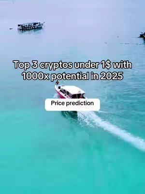 An aerial shot of a turquoise ocean with a boat moving across the water. The boat is white with a red stripe, and has the text "Top 3 cryptos under 1$ with 1000x potential in 2025" superimposed on the image. A label that says "Price prediction" is also shown.