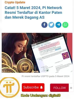 The image is a vertical graphic featuring text and graphics related to Pi Network. At the top, there is text announcing that Pi Network is officially registered for patents and trademarks in the US. A screenshot of a webpage related to the patent filing is visible on the right side of the screen. In the background, there is a woman looking down. At the bottom several Pi logo coins appear along with a subscribe and a follow  button.