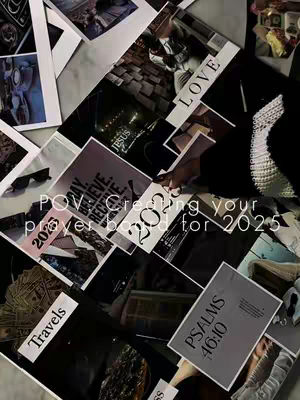 A collage-style image with various photos and text overlays, arranged in a layered, slightly overlapping fashion. The dominant color palette is a mix of dark tones with some white and light accents. Several rectangular and square images are visible, some featuring text such as "LOVE", "2025", and "Travels". The overall layout suggests a vision board or mood board theme.