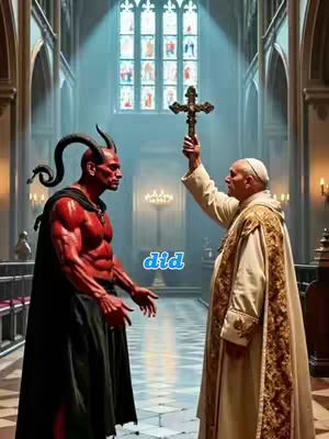An AI-generated image depicts a clash between a red-skinned demon with horns and a black cloak and a pope holding a cross in a grand church setting. The demon has a muscular build, emphasizing its powerful appearance. The pope, dressed in white and gold vestments, stands on the right, raising a cross. The church features tall columns, a stained-glass window in the background, and a bright blue light. The word "did" is overlaid on the image in a blue, cartoonish font.