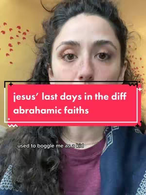 A close-up shot of a woman's face, framed from the chest up. She has dark, curly hair framing her face, and is looking at the camera. A red bar with white text overlays the center of the face. Behind her is a gold-colored wall, with some red decorative shapes.