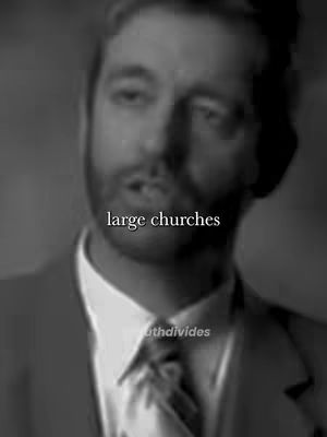 A black and white image of a man from the chest up, in a blazer, collared shirt, and tie, blurred to focus on his face. Text overlay says "large churches".