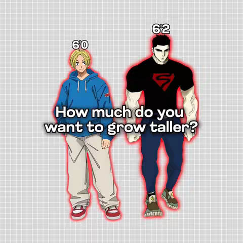 The cover image showcases a digital illustration depicting two characters. The left character, marked '6'0', is an anime-style figure wearing a blue hoodie, white pants, and red sneakers. The right character, labeled '6'2', is muscular with black hair, a black t-shirt with a red 'S' logo, and dark blue pants. They stand against a grid background with the text overlay 'How much do you want to grow taller?'. Both figures have a red glow around them; the overall composition is stylized and aims to compare heights with contrasting body types.