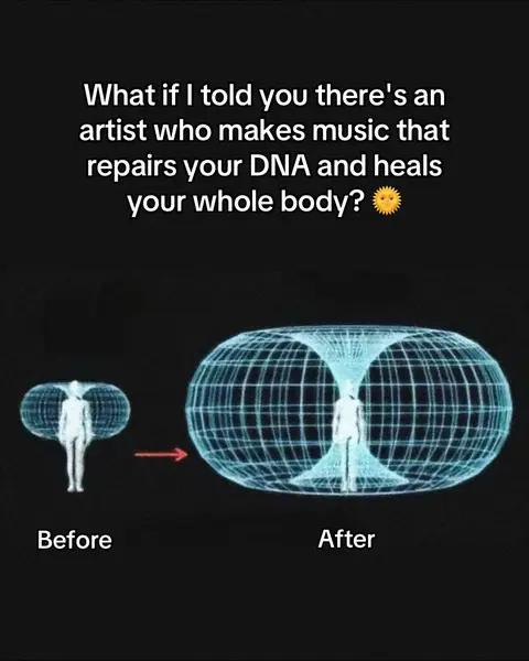 The image, set against a dark background, presents a comparative illustration of a human figure. On the left, a figure with a smaller energy field is labeled 'Before.' An arrow points to the right, where the same figure is encased in a larger, more expansive energy field, labeled 'After.' Overlayed text in the top portion poses a question about an artist who creates music.