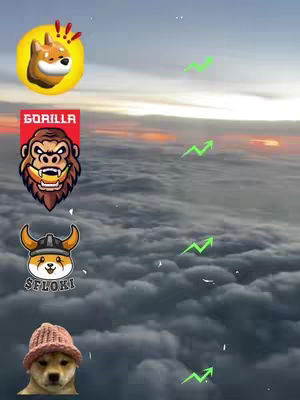 An image of a blue cloudy sky with multiple memecoin logos and green upward arrows.