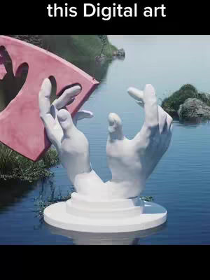 A serene, surreal image featuring a sculpture of two hands reaching up towards a pink trapezoid, seemingly holding it. The hands are white and appear to be made of stone or a similar material, emerging from a white base in a body of water. In the background, there's a blurred landscape with greenery and water, creating a sense of depth mirroring the sky.