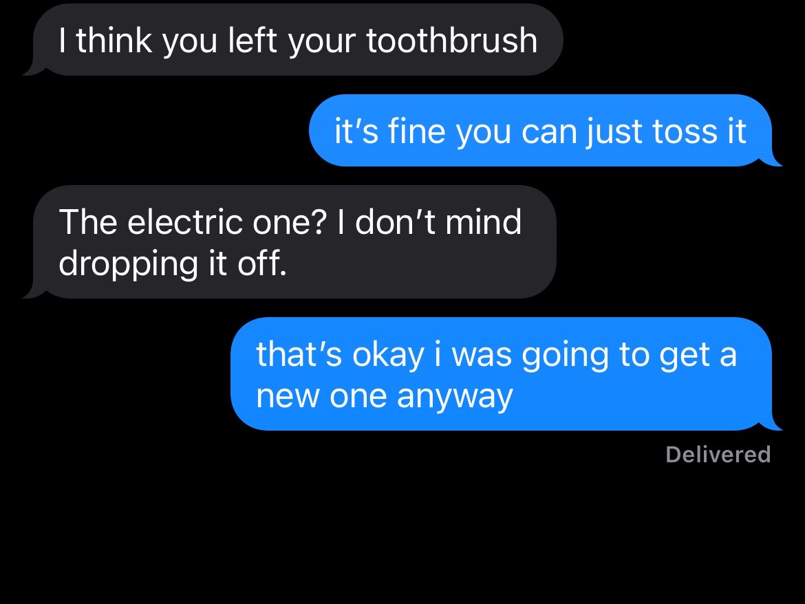 The image is a screenshot of a text message conversation against a black background. The conversation includes a series of text bubbles in white font, with the author's texts appearing in black bubbles and the responder’s texts appearing in blue bubbles.