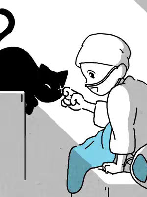 An illustration in a minimalist style featuring a black cat facing a person. The person is depicted in white, wearing what seems to be a medical mask and hat, gazing at the cat with a concerned expression. They are positioned on what appears to be grey steps or a platform. The background is plain white, creating a stark contrast and focusing attention on the two figures.