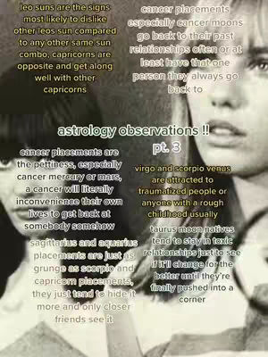 The cover image is a split-screen featuring two women's faces in black and white, with text overlays detailing astrology observations in a vintage style.