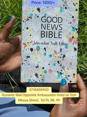 The cover image shows a person's hands holding a book titled "GOOD NEWS BIBLE Interactive Youth Edition". The book has a white cover with colorful paint splatters. The person's hands have blue nail polish. There are also two yellow rectangles with text on the image: one with the price and the other with a phone number and address.