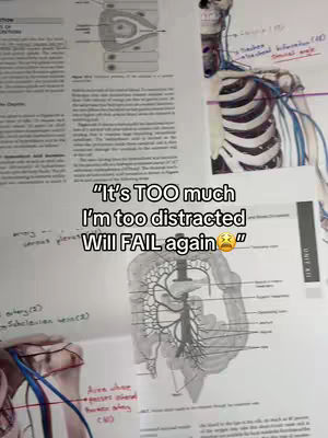 The cover image shows a collection of anatomical and scientific diagrams on a desk or table, suggesting a study setting. In the foreground, a hand is visible, possibly the creator's, pointing to the various illustrations and diagrams. Overlaying the image are text overlays with motivational text bubbles.