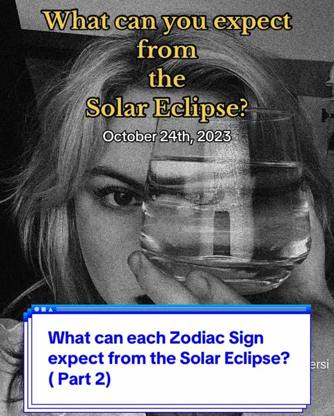 A grayscale image features a person holding a glass of water. Text overlays detail the video's focus on the solar eclipse and related astrological content.
