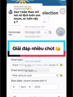 The cover image is a screenshot of a phone displaying a horoscope app. The layout includes a comment section, and a highlighted area labeled "Giải đáp nhiều chút" with a smiling emoji. The background has app elements, and the color scheme is primarily white, blue, and red.