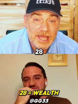 The cover image is split into two sections. The top half shows a man wearing a black baseball cap with white text, looking directly at the camera with an open mouth. Below, another man is also looking at the camera with a neutral expression, with text that reads "28 = WEALTH @GG33".