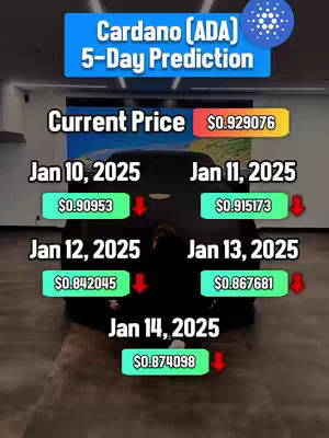 The image shows a prediction of the price of Cardano (ADA) over a 5-day period. There's a person's silhouette in front of the prediction data, with a dark clothing and the black is covering an unknown object, set against an interior background. The text includes the cryptocurrency’s name and prediction dates along with price data.