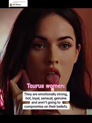 A close-up shot of Megan Fox, showing her face with a playful expression. Her tongue is sticking out as she holds a pink phone to her ear. Text overlays detail Taurus women characteristics over a plain background.