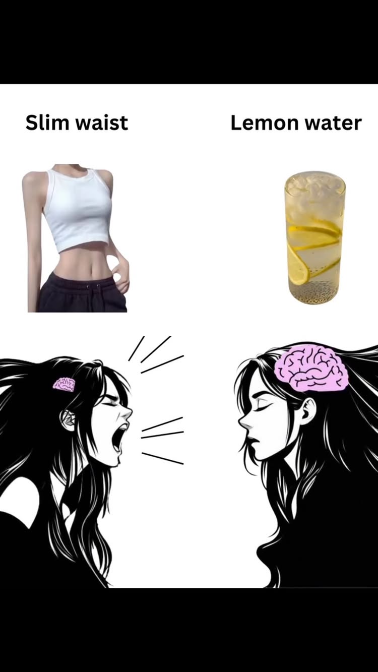The cover image is a split-panel with illustrations. On the top left, a woman's torso is shown, wearing a white crop top and dark pants, with a slim waist visible. To the right, a glass of lemon water with lemon slices is shown. Below, two cartoon illustrations of a woman with long black hair and a brain graphic. On the left, the illustration shows her with an open mouth. On the right, she is shown with closed eyes. The background is plain white.