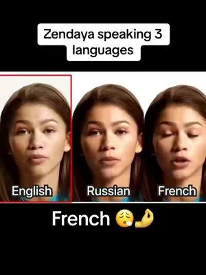 The cover image features Zendaya's face. There are three separate images of her, presumably showing the perception of her speaking three different languages, with text labels identifying each. The image is set against a black background. Below the portraits, text indicates that French is the most appropriate language.
