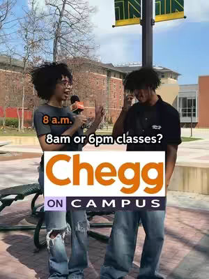 Two people are standing outside, likely on a college campus, with a microphone and an overlay that says 'Chegg ON CAMPUS'. The image features a male and a female. The background includes brick buildings and trees. The main color is the Chegg logo's orange.