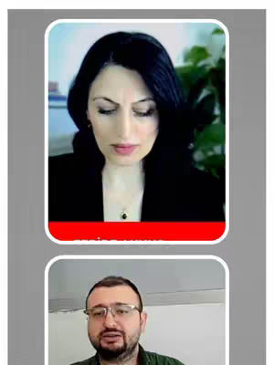 The cover image is a composite featuring two rectangular video frames on a gray background. The top frame displays a woman with long black hair looking down; she is wearing a black blazer and a pendant necklace. The bottom frame shows a man with glasses. He is also in a video.