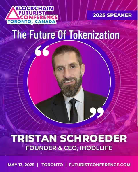 The image is a promotional graphic for the Blockchain Futurist Conference in Toronto, Canada, featuring a man in a suit and tie in a circular frame, with text overlayed. The background transitions from purple to light pink towards the center where the man's image is set. The title "The Future Of Tokenization" is prominently displayed above the man's image and the speaker's name, Tristan Schroeder, is shown in large white font. Conference details and the year 2025 are also part of the design. Overall, the design has a modern feel