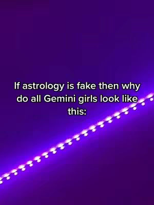 The image features a dark purple gradient background with text overlayed diagonally across the image. The text is white and in a simple sans-serif font. Along the bottom right a string of small lights. The text asks a question about astrology and Gemini girls.