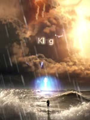 The image depicts a dramatic scene of a person walking towards a glowing, cross-shaped light emanating from the sea. Above, the sky is filled with dark, ominous clouds, and visible rain streaks. The word 'King' is superimposed over the clouds.
