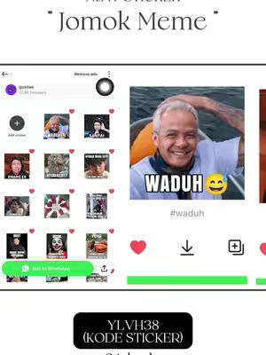 The cover image is a screenshot of a phone screen displaying a collage of stickers and a WhatsApp interface. Overlayed at the top is text that says "NEW STICKER Jomok Meme".