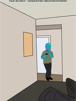 Cartoon illustration of a person in a room, looking at a phone. The person is wearing a green shirt, black paints, and holding a phone. The background is a light-colored room with simple outlines of walls, doorways, and a painting on the wall. The walls are light beige. The person is positioned near the doorway and looks to be in thought, and there's a black couch in the front right of the image.