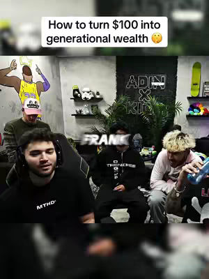 A group of men in a well-lit room appear to be filming a video. The main focus is on a man with headphones, sitting in front of the camera. Behind him, another man, and a third to his right; a sign reads 'Adin x Kid'. The text overlay reads 'How to turn $100 into generational wealth'.