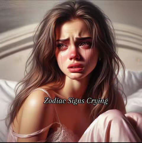 An artistic rendering of a young woman in a soft-focus setting, with her face as the focal point. She has long, wavy brown hair framing her face, and her expression is one of intense sadness, with tears streaming down her cheeks and a visible redness around her nose and eyes. She's wearing what appears to be a light-colored, possibly satin, top. The lighting suggests a gentle, diffused source. The background is blurred, but it seems to be a bedroom setting, with a bed and soft linens visible. Text overlay: Zodiac Signs Crying.