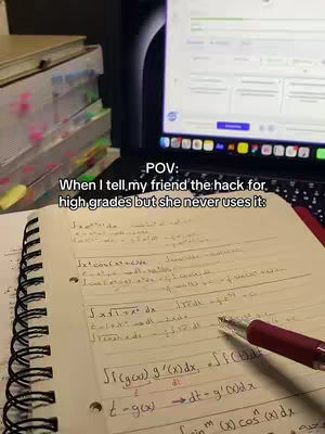 The image shows a notebook with mathematical equations, a pen, a laptop displaying a screen, and a stack of books with colorful sticky notes. There is text overlaid that looks like a POV statement, offering advice for better grades, along with the caption: 'Use Bites app for better grade! Trust me!'. The colors are mostly cool tones.