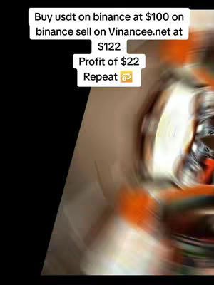 The image has text overlayed on a blurred background. The text is white with a black outline and describes a crypto trading arbitrage, suggesting a buying price on Binance, a selling price, profit, and a call to repeat the process. The background is abstract with orange and grey tones, possibly hinting at computer circuits or currency elements. The composition is simple, focusing on the instructional text at the top.