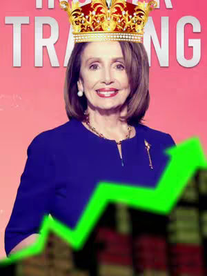 The cover image is a photoshopped image featuring Nancy Pelosi with a gold crown photoshopped on her head. Overlayed on her the image features a green upward trending arrow. The image is set against a pink background. The words "INNER TRADING" are overlaid over the image as well.