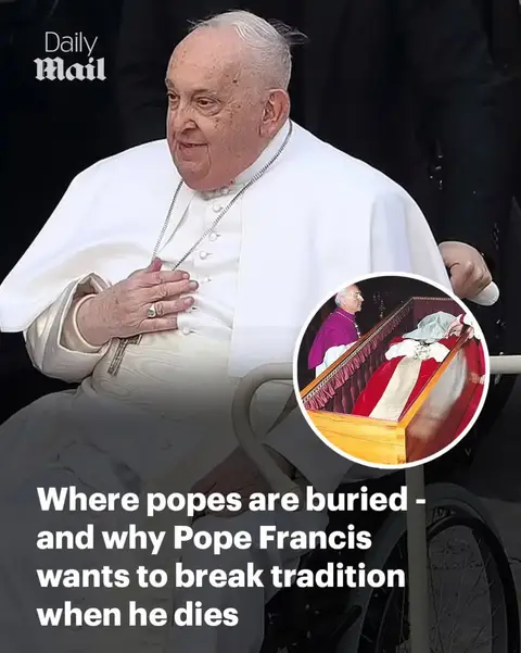 The cover image features Pope Francis in a wheelchair, wearing white vestments and a silver cross, with a secondary circular image depicting a coffin. Text overlays describe the video topic.