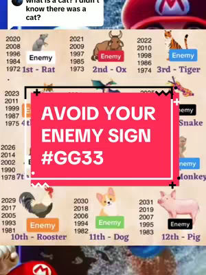 The cover image is a colorful graphic with a background that appears to be a blend of red and other colors, possibly related to a video or content about astrology. Overlayed on this is a large red rectangular box containing white text that reads "AVOID YOUR ENEMY SIGN #GG33.", along with the Chinese Zodiac animals.
