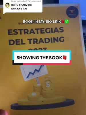The cover image displays a book titled 'ESTRATEGIAS DEL TRADING' with a stylized graphic of a stock chart and a money bag. The book is held up, showing a bright yellow background. Text overlays include 'BOOK IN MY BIO LINK' and 'SHOWING THE BOOK'.