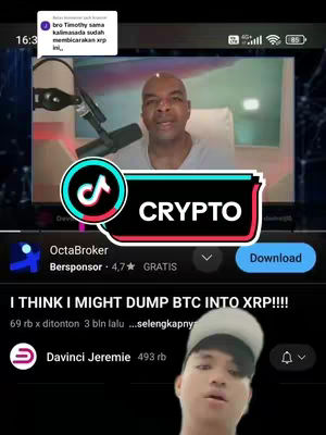 The cover image is a vertical screenshot from a video sharing platform, with a dual-screen layout. The top screen shows a mature Black man in front of a green background with microphone. A text overlay in a curved rectangle behind the man's head says "CRYPTO". The lower screen shows a young Asian man talking to the camera with the text "I THINK I MIGHT DUMP BTC INTO XRP!!!!"and further details about the video, including its video stats, creator profile, and related details.