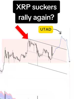 The cover image shows a technical analysis graph with annotations. The text overlay reads “XRP suckers rally again?”. A red arrow points to a high point on the graph, and the text box “UTAD” is annotated nearby. The background is white, and the graph is composed of black lines and shapes.