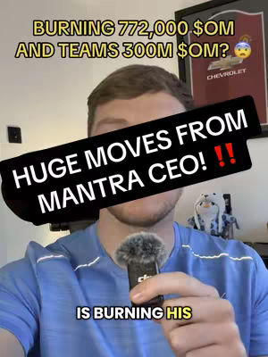 A man holding a microphone in front of a camera, with overlayed text about cryptocurrency and a background of a room with a team member logo.