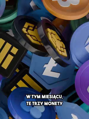 The cover image features a close-up, stylized arrangement of several cryptocurrency coins. The coins are rendered in a 3D style with vibrant colors and distinct logos representing various cryptocurrencies, such as Ethereum (ETH), Litecoin (LTC), and potentially Binance Coin (BNB) and others. The coins are slightly tilted and overlapping to create a dynamic and engaging composition, the background is blurred to emphasize the coins. At the bottom, overlaid text in a white box announces a monthly focus on "three coins".