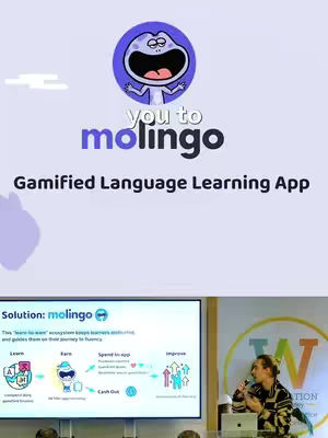 The cover image features a presentation slide from an app, with the app's logo and tagline at the top. A person is speaking into a microphone in front of the slide. The background of the slide is segmented into four layers, with the top layer showcasing the app's mascot and branding. Below the app's name, the text “Gamified Language Learning App” is visible. The bottom layer features a scene of a person presenting.