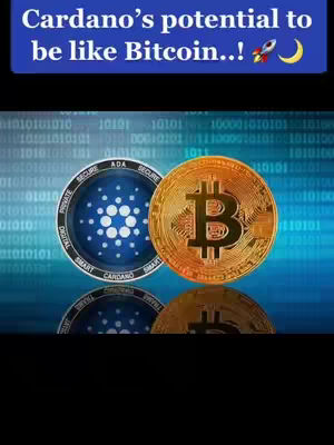 The image features two cryptocurrency representations: a Cardano coin and a Bitcoin coin, set against a background of binary code. At the top, text highlights Cardano's potential to rival Bitcoin. The composition includes a reflection of the coins, enhancing the visual depth.