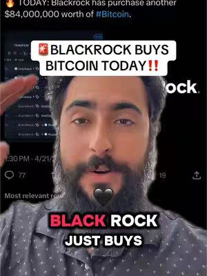 A man with a beard is centered in the frame, facing forward. The background is dark; the man is wearing a patterned, button-down shirt, with a black logo in the background. A scrolling stock chart indicating financial data is partially visible in the upper left. Two overlaid hooks feature prominently: a rectangular banner reading "BLACKROCK BUYS BITCOIN TODAY !!" and another banner at the bottom stating "BLACK ROCK JUST BUYS."