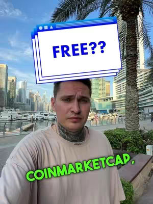 A man stands in front of buildings, with a city skyline in the background. Above his head is an overlay of a computer window with "FREE??" in bold letters. A green rounded rectangle with the words "COINMARKETCAP." is below.